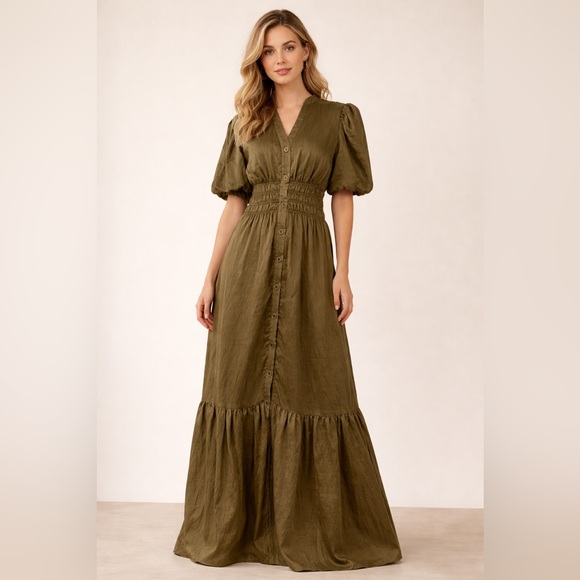 Zarr Dresses & Skirts - Zarr Collection Olive Green Maxi Women’s Dress Button Front Puff Sleeves Size 6
